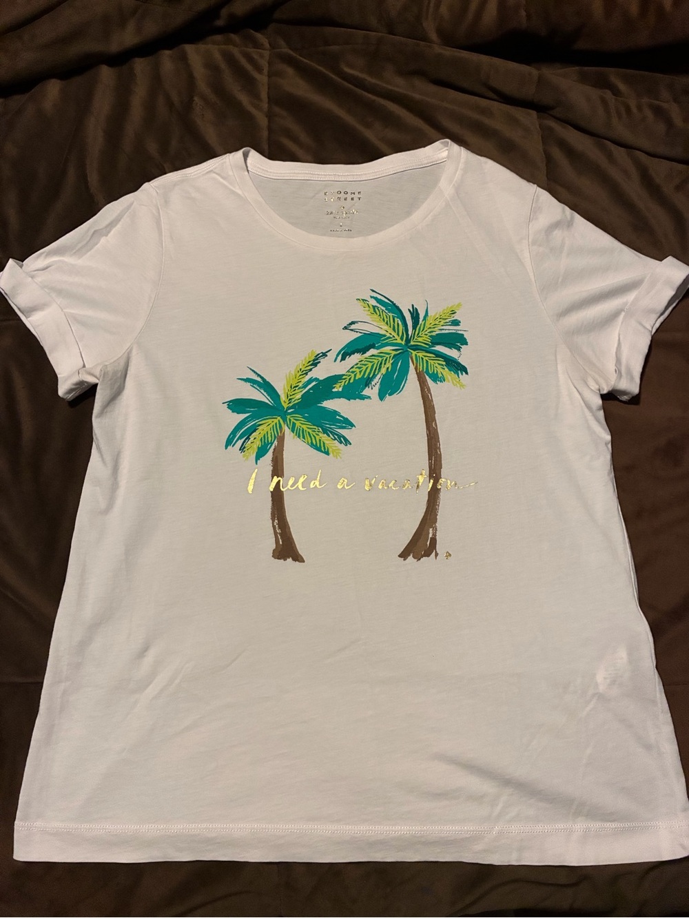 kate spade White Tee with Teal & Green Palm Tree Graphic,size small, 100% cotton